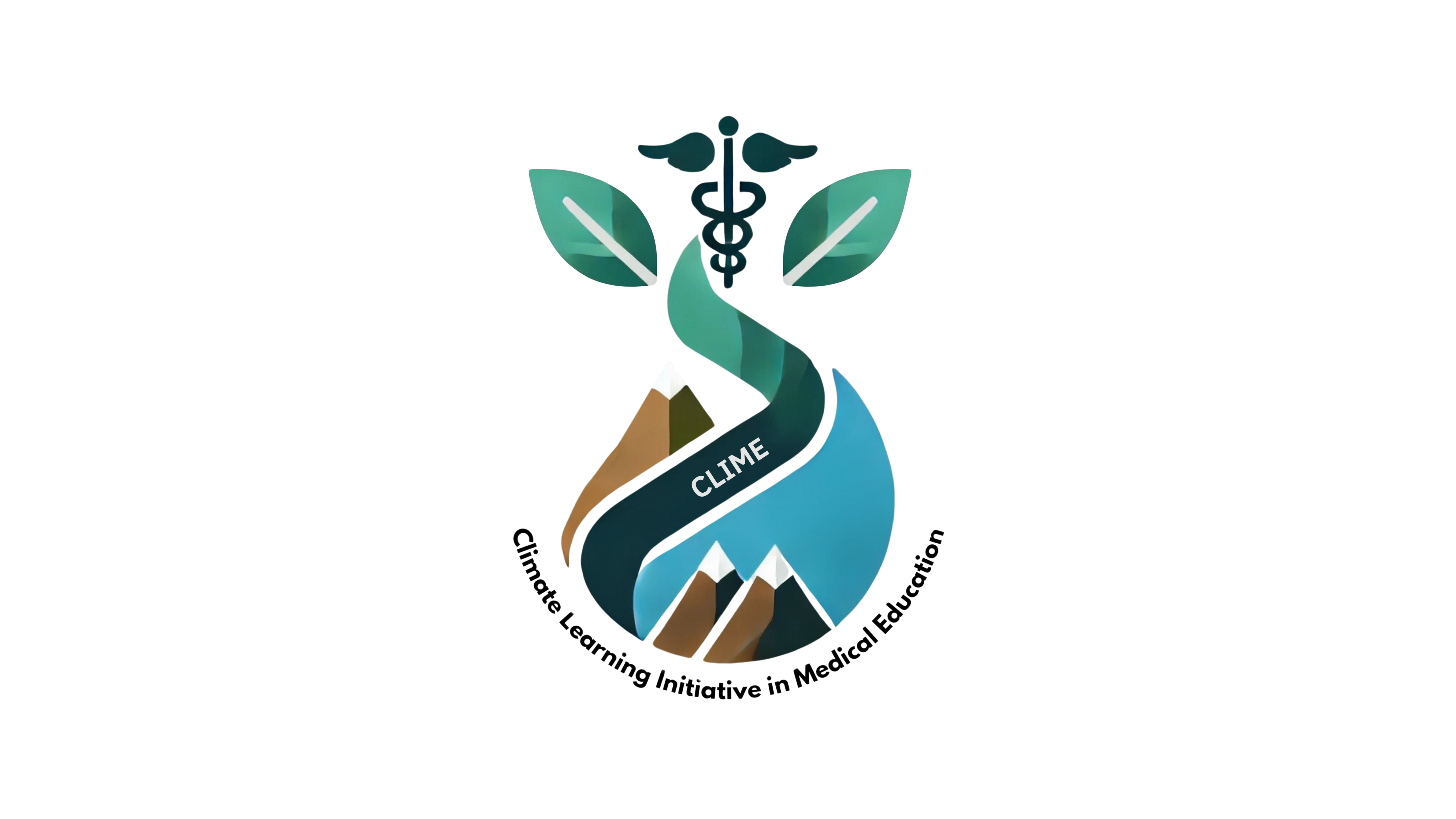 CLIME Logo: Mountains, doctor's symbol, leaves, and the words: Climate Learning in Medical Edcuation