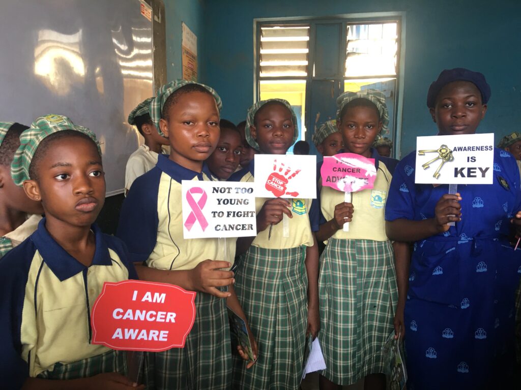 Global Oncology helped equip school girls in Nigeria, like the ones pictured here, with the knowledge and tools to raise awareness about cervical cancer in their communities and make informed decisions in their own lives.
