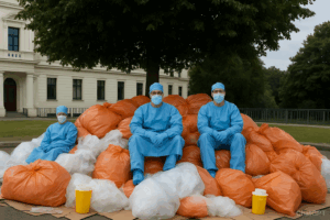 Three people in blue PPE sit on piles of orange and white medical waste bags with sharps containers in front.