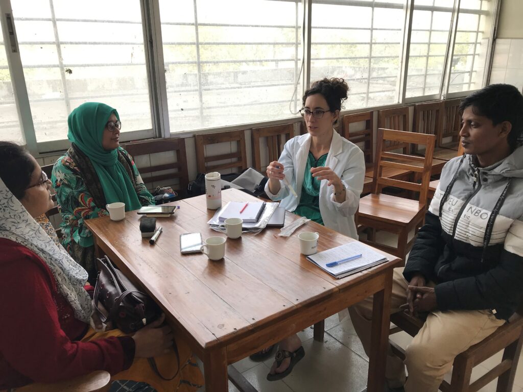 Styczynski demonstrates sampling techniques to the study team in Bangladesh. (L to R): Akhi Akhter, Fahmida Sarker, Ashley Styczynski, Md. Julfikker Ali Khan.