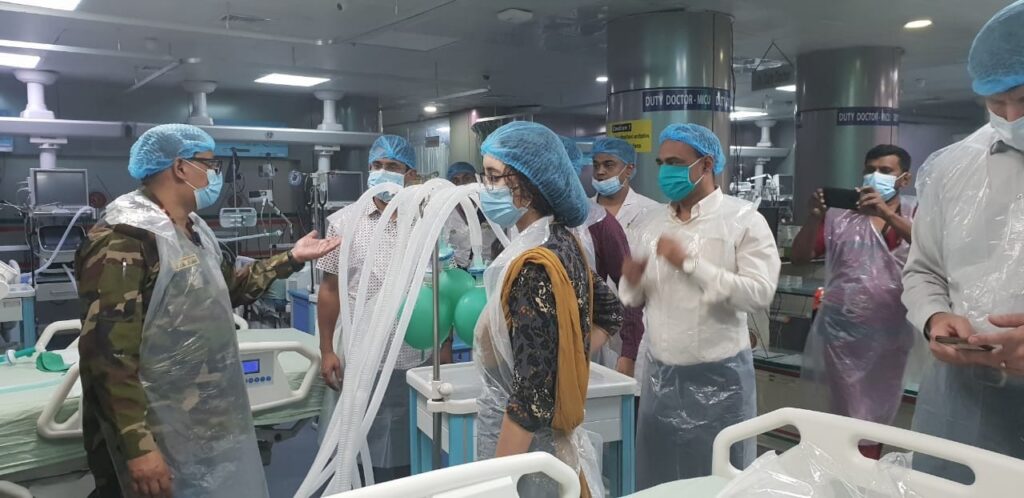 Styczynski tours the intensive care unit of a Bangladesh military hospital that was preparing for surge capacity during the COVID-19 pandemic.