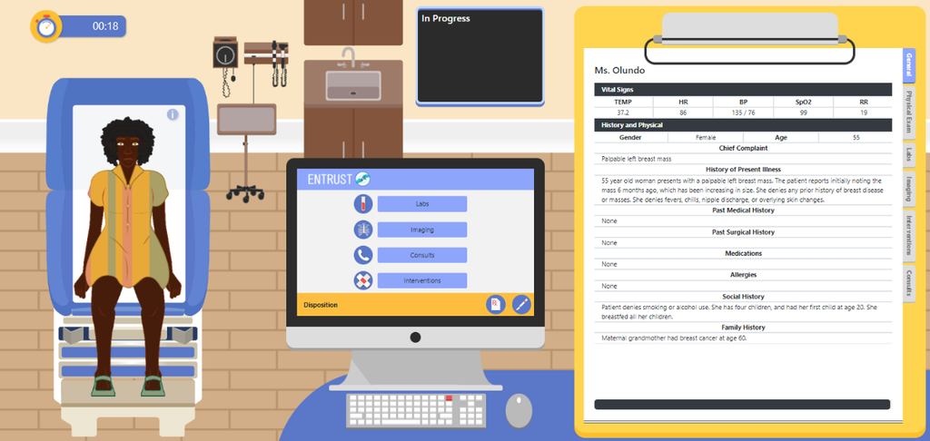 A screenshot of the ENTRUST learning and assessment platform in which an African breast cancer patient scenario is presented